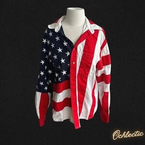 American flag shirt with red and white hues.